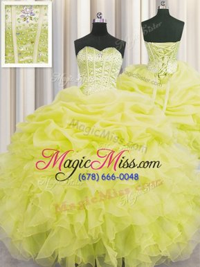 Sweet Visible Boning Yellow Ball Gowns Sweetheart Sleeveless Organza Floor Length Lace Up Beading and Ruffles and Pick Ups Quinceanera Gowns