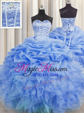 Graceful Visible Boning Organza Sleeveless Floor Length Sweet 16 Dresses and Beading and Ruffles and Pick Ups