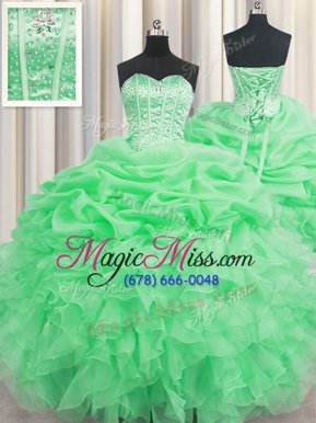 Sophisticated Visible Boning Ball Gowns Organza Sweetheart Sleeveless Beading and Ruffles and Pick Ups Floor Length Lace Up 15 Quinceanera Dress