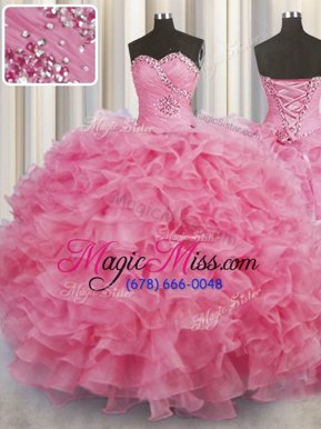 Suitable Organza Sweetheart Sleeveless Lace Up Beading and Ruffles Quinceanera Gown in Rose Pink