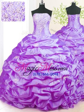 High Quality Lavender Taffeta Lace Up Sweet 16 Dresses Sleeveless With Train Sweep Train Beading