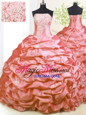 Glorious With Train Lace Up 15th Birthday Dress Pink and In for Military Ball and Sweet 16 with Beading and Pick Ups Sweep Train