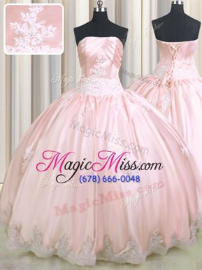 Amazing Baby Pink Ball Gowns Taffeta Strapless Sleeveless Beading and Appliques Floor Length Lace Up Sweet 16 Quinceanera Dress