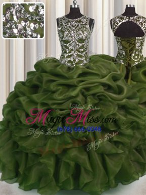 Trendy See Through Olive Green Organza Lace Up Scoop Sleeveless Floor Length Quinceanera Gowns Beading and Pick Ups