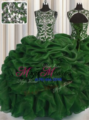 Shining See Through Organza Scoop Sleeveless Lace Up Beading and Pick Ups 15 Quinceanera Dress in Olive Green