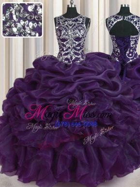 Free and Easy Scoop Pick Ups Eggplant Purple Sleeveless Organza Lace Up Quinceanera Gowns for Military Ball and Sweet 16 and Quinceanera