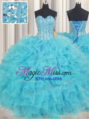 Romantic Visible Boning Baby Blue Ball Gowns Beading and Ruffles Quinceanera Dresses Lace Up Organza Sleeveless Floor Length