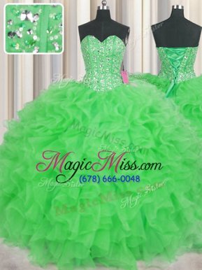 Pretty Visible Boning Green Organza Lace Up 15th Birthday Dress Sleeveless Floor Length Beading and Ruffles