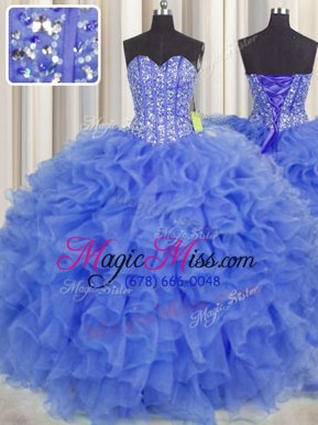 Modern Visible Boning Floor Length Blue Quinceanera Dress Organza Sleeveless Beading and Ruffles and Sashes|ribbons