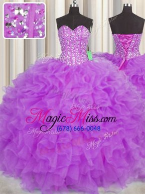 On Sale Visible Boning Sweetheart Sleeveless Quince Ball Gowns Floor Length Beading and Ruffles and Sashes|ribbons Purple Organza