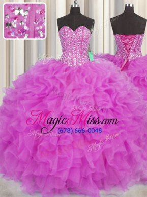 Visible Boning Hot Pink and Fuchsia 15 Quinceanera Dress Military Ball and Sweet 16 and Quinceanera and For with Beading and Ruffles Sweetheart Sleeveless Lace Up