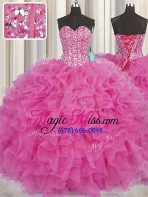 Captivating Visible Boning Beading and Ruffles Sweet 16 Quinceanera Dress Hot Pink Lace Up Sleeveless Floor Length