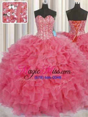 Dramatic Visible Boning Ball Gowns Quinceanera Gowns Coral Red Sweetheart Organza Sleeveless Floor Length Lace Up