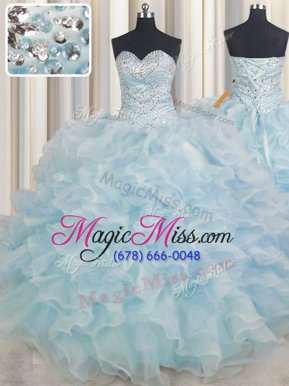 Cute Light Blue Sweetheart Lace Up Beading and Ruffles Quince Ball Gowns Sleeveless