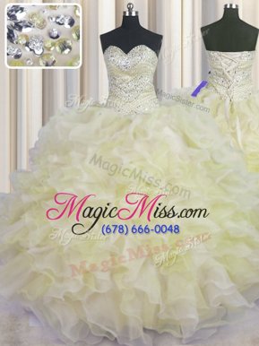 Smart Sleeveless Organza Floor Length Lace Up 15th Birthday Dress in Light Yellow for with Beading and Ruffles