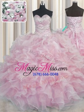 Fabulous Bling-bling Pink Sleeveless Organza Lace Up Quinceanera Dress for Military Ball and Sweet 16 and Quinceanera