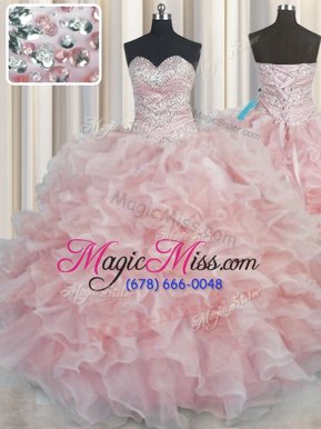 Dynamic Bling-bling Pink Organza Lace Up Quinceanera Gown Sleeveless Floor Length Beading and Ruffles