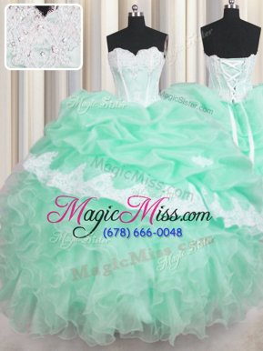 Pretty Apple Green Sweetheart Neckline Beading and Ruffles and Pick Ups Quinceanera Dress Sleeveless Lace Up