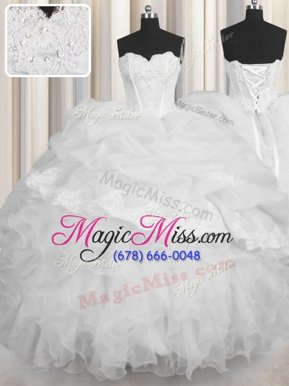 Discount White Ball Gowns Organza Sweetheart Sleeveless Beading and Appliques and Ruffles and Pick Ups Floor Length Lace Up Vestidos de Quinceanera