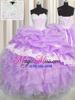 Fancy Lavender Lace Up Sweetheart Beading and Appliques and Ruffles and Pick Ups Quince Ball Gowns Organza Sleeveless