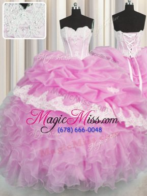 Best Selling Pink Ball Gowns Sweetheart Sleeveless Organza Floor Length Lace Up Beading and Appliques and Ruffles and Pick Ups 15th Birthday Dress