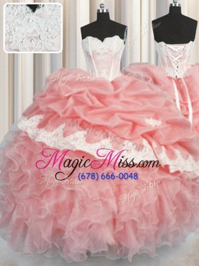 Fabulous Watermelon Red and Baby Pink Sleeveless Appliques and Ruffles and Pick Ups Floor Length Ball Gown Prom Dress