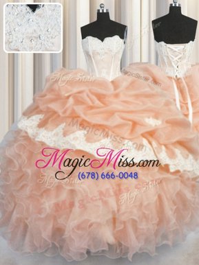 Affordable Pick Ups Ball Gowns Sweet 16 Dress Peach Sweetheart Organza Sleeveless Floor Length Lace Up