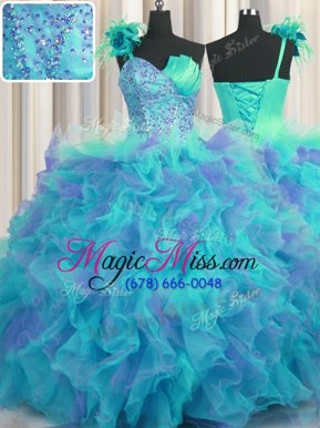 Beauteous Handcrafted Flower Multi-color Quinceanera Dresses Military Ball and Sweet 16 and Quinceanera and For with Beading and Ruffles and Hand Made Flower One Shoulder Sleeveless Lace Up