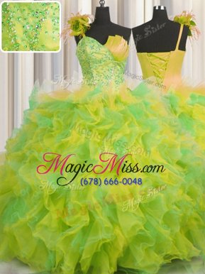 Trendy One Shoulder Handcrafted Flower Multi-color Sleeveless Tulle Lace Up Quinceanera Dress for Military Ball and Sweet 16 and Quinceanera