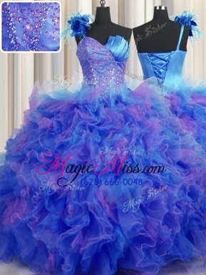 Captivating One Shoulder Handcrafted Flower Floor Length Lace Up Quince Ball Gowns Multi-color and In for Military Ball and Sweet 16 and Quinceanera with Beading and Ruffles and Hand Made Flower