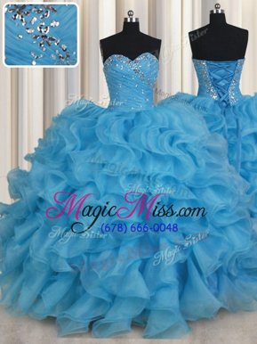 Modern Sleeveless Organza Floor Length Lace Up Quince Ball Gowns in Baby Blue for with Beading and Ruffles