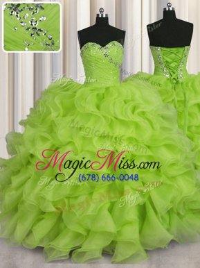 High Quality Yellow Green Ball Gowns Beading Vestidos de Quinceanera Lace Up Organza Sleeveless Floor Length
