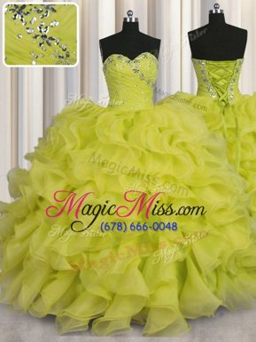 Yellow Green Lace Up Sweetheart Beading and Ruffles Sweet 16 Quinceanera Dress Organza Sleeveless