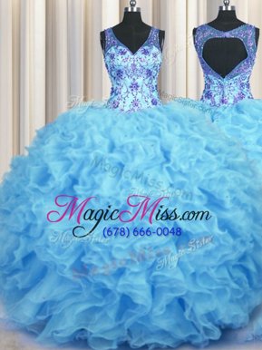 Best V Neck Baby Blue Vestidos de Quinceanera Military Ball and Sweet 16 and Quinceanera and For with Beading and Appliques and Ruffles V-neck Sleeveless Zipper