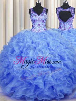 V Neck Blue Zipper Quinceanera Gown Beading and Appliques and Ruffles Sleeveless Floor Length