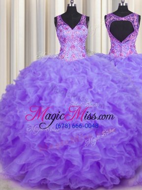 Modern V Neck Lavender Organza Backless V-neck Sleeveless Floor Length Sweet 16 Dress Beading and Appliques and Ruffles