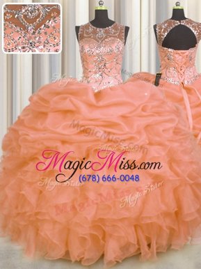 Elegant See Through Scoop Sleeveless Quinceanera Gown Floor Length Beading and Ruffles and Pick Ups Orange Organza