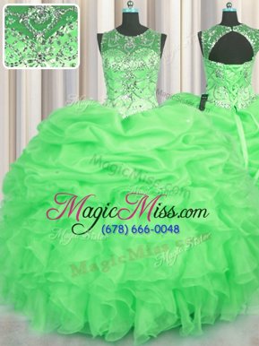 Ideal See Through Lace Up Quinceanera Dress Beading and Ruffles and Pick Ups Sleeveless Floor Length