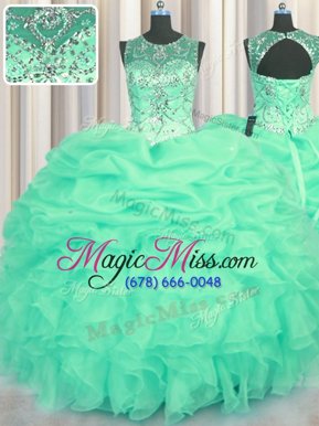 Luxurious Scoop See Through Turquoise Sleeveless Beading and Ruffles and Pick Ups Floor Length Sweet 16 Quinceanera Dress