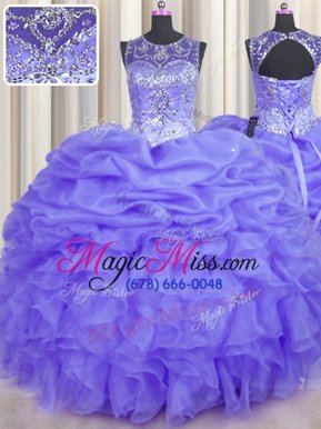 Stunning See Through Lavender Sleeveless Floor Length Beading and Ruffles and Pick Ups Lace Up Vestidos de Quinceanera