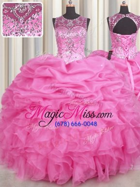 Spectacular Scoop See Through Rose Pink Ball Gowns Beading and Ruffles and Pick Ups 15 Quinceanera Dress Lace Up Organza Sleeveless Floor Length