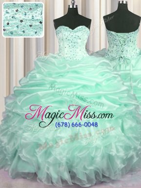 Clearance Apple Green Ball Gowns Beading and Ruffles and Pick Ups Quinceanera Dresses Lace Up Organza Sleeveless With Train