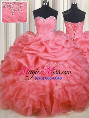 Cheap Watermelon Red Organza Lace Up Sweetheart Sleeveless Floor Length Sweet 16 Dresses Beading and Ruffles and Ruching and Pick Ups