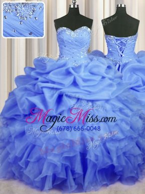 Hot Selling Blue Organza Lace Up Ball Gown Prom Dress Sleeveless Floor Length Beading and Ruffles and Ruching and Pick Ups