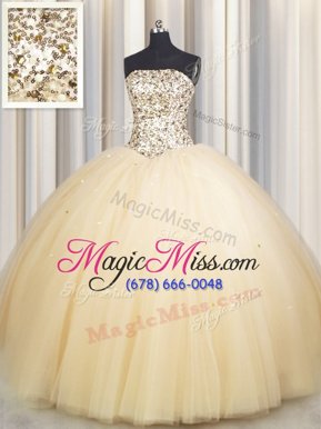 Noble Sequins Really Puffy Ball Gowns Vestidos de Quinceanera Champagne Strapless Tulle Sleeveless Floor Length Lace Up