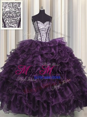 Luxury Visible Boning Eggplant Purple Ball Gowns Sweetheart Sleeveless Organza and Sequined Floor Length Lace Up Ruffles and Sequins Quinceanera Gown