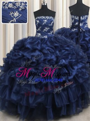 Hot Sale Navy Blue Strapless Neckline Appliques and Ruffles and Pick Ups Quinceanera Gown Sleeveless Lace Up