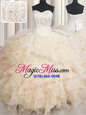 New Arrival Organza Sweetheart Sleeveless Lace Up Beading and Ruffles Quinceanera Dress in Champagne