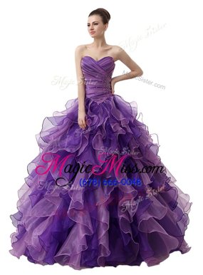 Attractive Purple Quince Ball Gowns Military Ball and Sweet 16 and Quinceanera and For with Beading and Ruffles and Ruching Sweetheart Sleeveless Lace Up