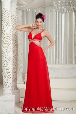 Red Empire Straps Floor-length Chiffon Beading Prom Dress